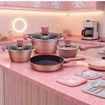 Zestaw 3 aluminiowych naczyń kuchennych z wzorem marmuru, 3 kolory, odpowiedni do wszystkich kuchenek (zawiera patelnię, garnek na mleko i garnek na zupę), powłoka nieprzywierająca i łatwa do czyszczenia, odporny na ciepło