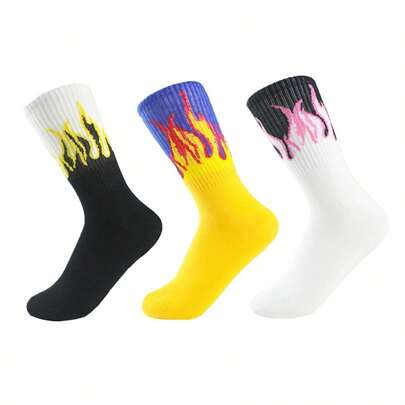 3 Pairs Of New Men's And Women's Flame Mid-Calf Socks, Spring And Autumn Hip-Hop Street Skateboarding Sports Socks