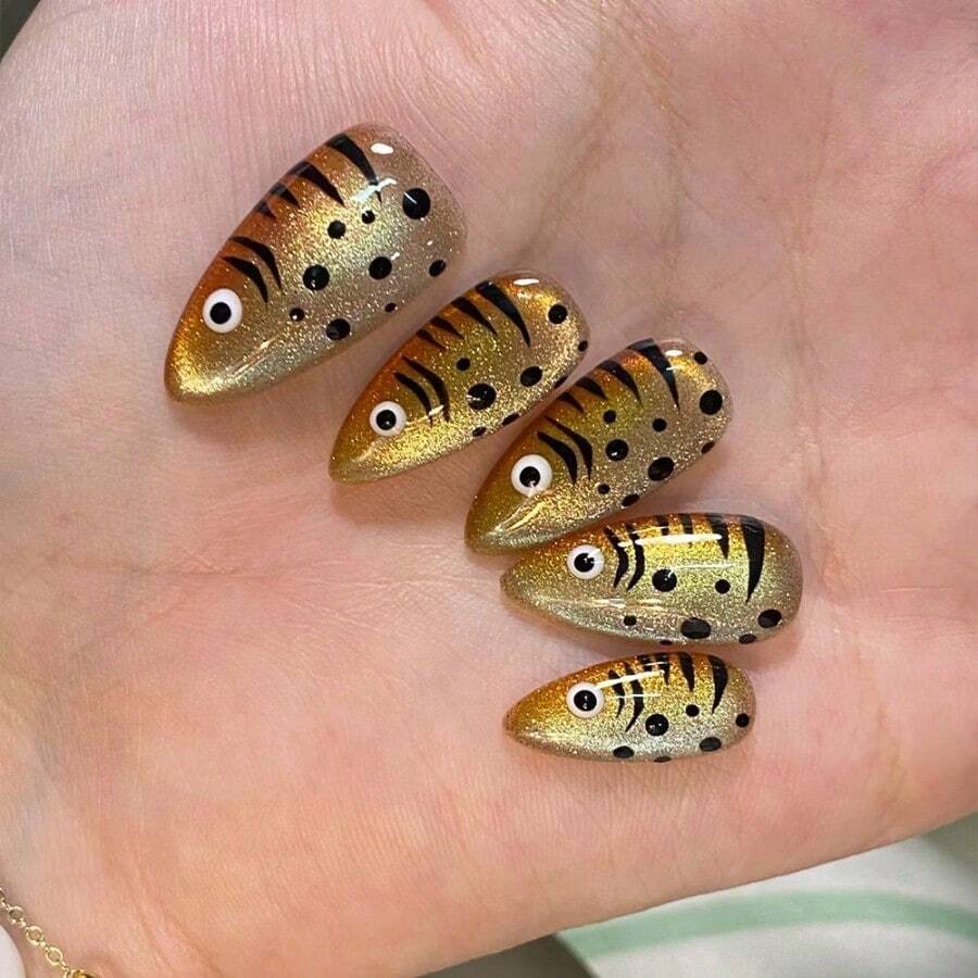 24-Piece Fake Nails Press On - Fish-Shaped Cat Eye Gold-Brown Style, 2025  Euro-American Chic Metallic Shimmer, Reusable Glueless Full Cover With Jelly Glue & Nail File, Glossy Chocolate Brown Aesthetic For Party, Date & Daily Wear - Women Girls DIY Fashion Manicure - 黃色 - 查看 1