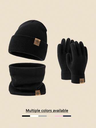 3pcs/Set Leather Label Snowflake Knit Hat + Scarf + Gloves Combo, Unisex Autumn/Winter Windproof Warm Soft Comfortable Hat, Neck Warmer, Gloves Set, Suitable For Daily Commute, Study, Work, Party, Outdoor Travel, Hiking, All-Match Knit Cap, Essential For Cold Weather