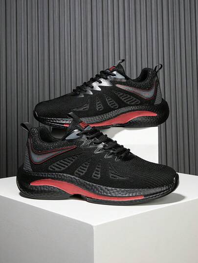 Zapatillas Hombre 2026 Mesh Negro Rojo Color-Block Transpirables Cómodas Casual Street Versátiles Outdoor Walking
