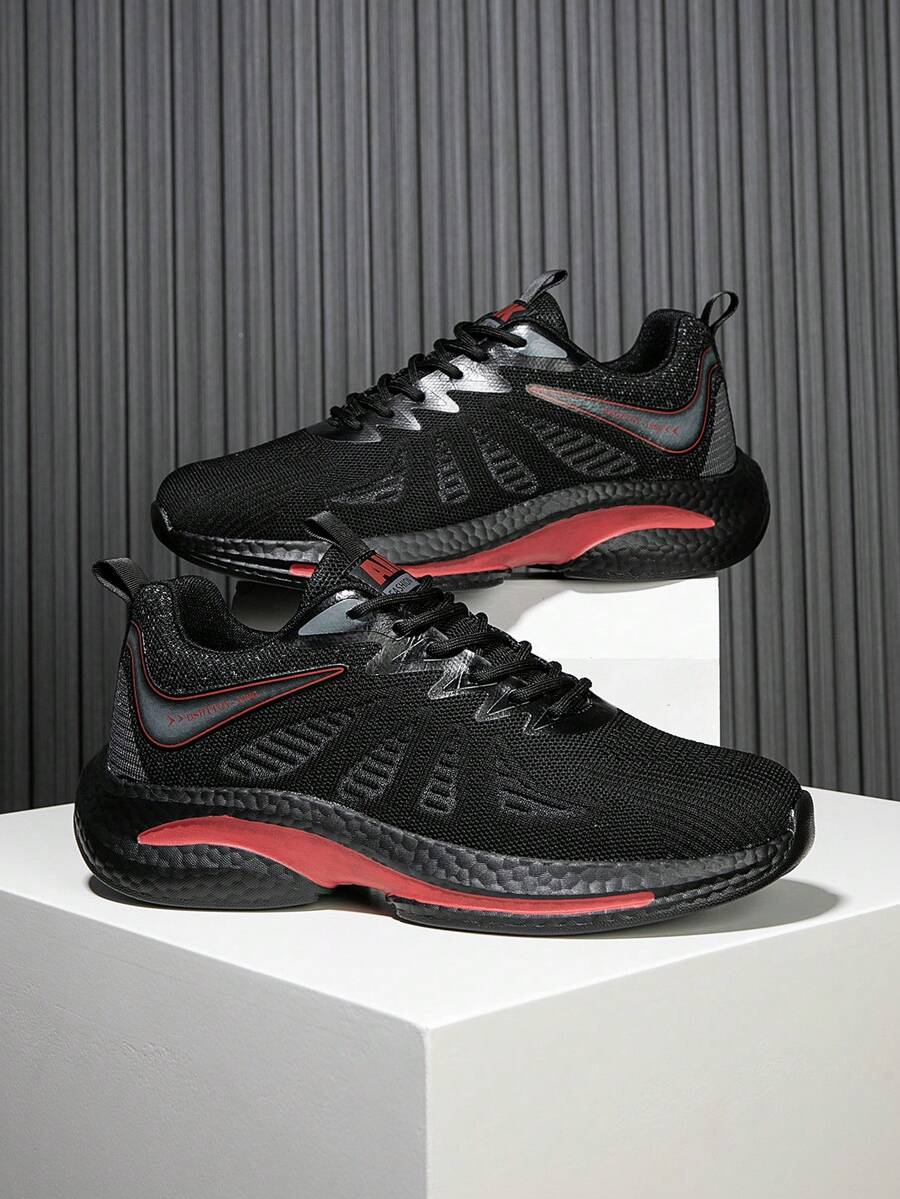 2026 Men's Black/Red Color-Block Mesh Sneakers Breathable Comfortable Casual Street Versatile Outdoor Walking Shoes - 黑色 - 查看 1