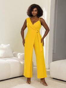Plus Size Deep V-Neck Jumpsuit, Wide Leg Cut, Suitable For Casual Gatherings, Street Style And Daily Wear - Yellow - View 4