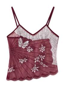 Women Y2k Fairy Sequin Butterfly Cami Tops Sleeveless Spaghetti Strap Mesh Sheer Crop Tank Tops See Through Camisole Summer Slim Fitted Shirt Vintage Aesthetic Clothes 2000S Streetwear - 酒紅色 - 查看 2