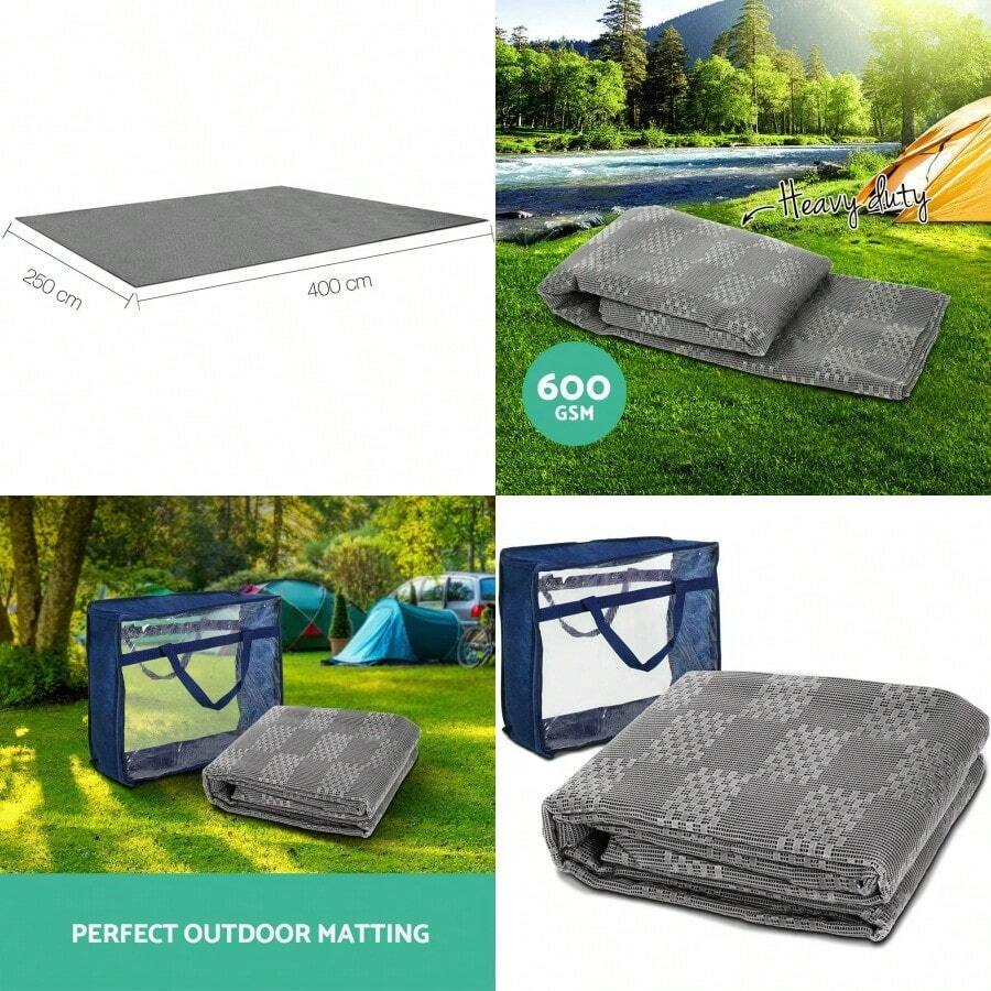 4 X 2.5m Picnic Blanket Floor Mat Outdoor Picnics Rug Camping Tarp Caravan Mesh Mats Annex Matting Ground Sheet For Hiking Travel Beach Garden Heavy Duty UV Treated With Carry Bag Grey - 4MGrey - View 1