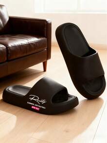 男士舒适、柔软、时尚、百搭、简约黑色厚EVA鞋底套脚家居拖鞋 - 黑色 - 查看 4