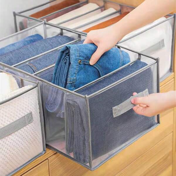 1pc Wardrobe Clothing Storage Box With Handle, 7-Drawer Organizer Bin For Jeans, T-Shirts, Washable Folding Clothes Storage Box, Mesh Fabric Dresser Drawer Organizer, Grey, Suitable For Stores
