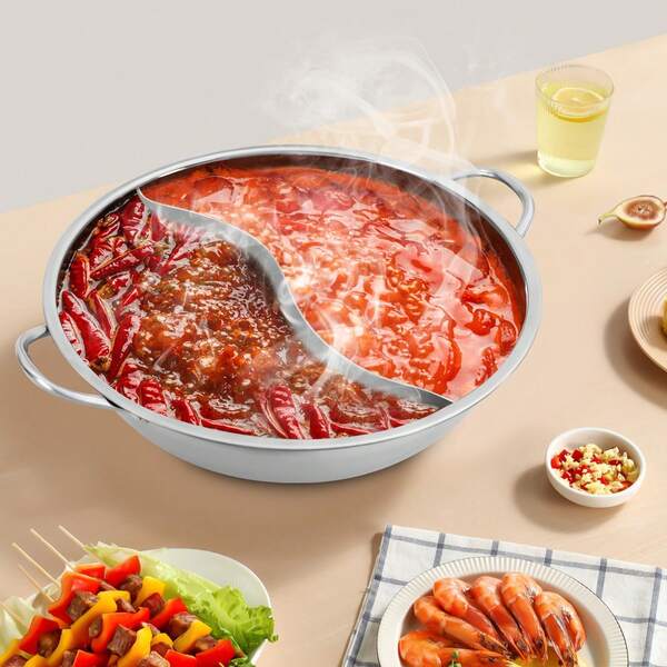 Stainless Steel Hot Pot With Divider, Shabu Shabu Pot With Glass Lid For Household