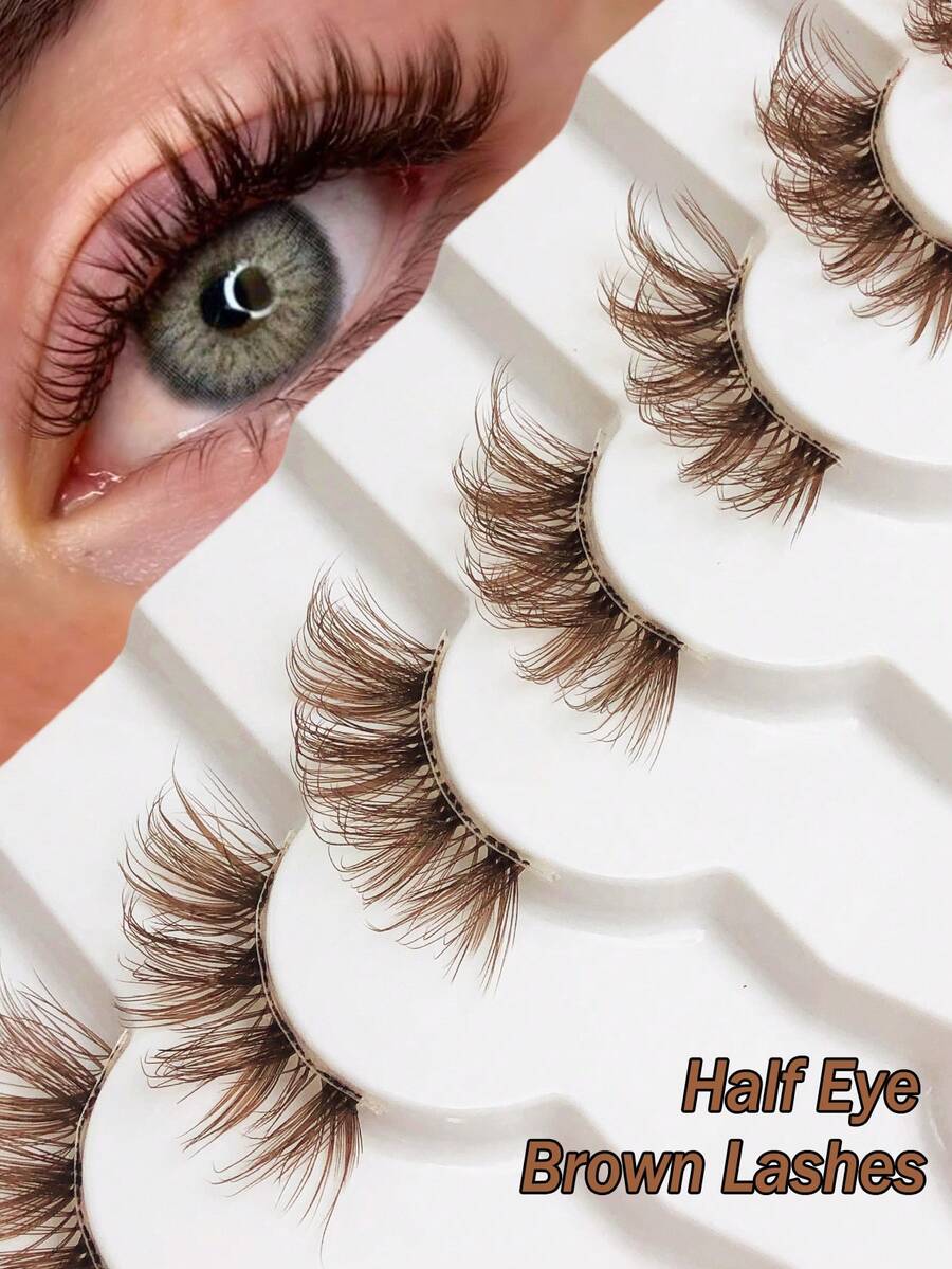 Asiteo 7 Pairs Brown Half-Strip False Eyelashes, Transparent Lash Stems, Cat Eye Shape, Long & Natural, Faux Mink Material, Fluffy & Soft, Create Natural Makeup, Suitable For Christmas Makeup, Christmas Gift - 棕色 - 查看 1