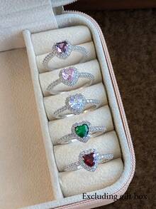 5pcs Luxury Elegant Cubic Zirconia Heart Design Adjustable Rings Set, Suitable For Party, Engagement, Bride, Date (No Gift Box) - Silver - View 9