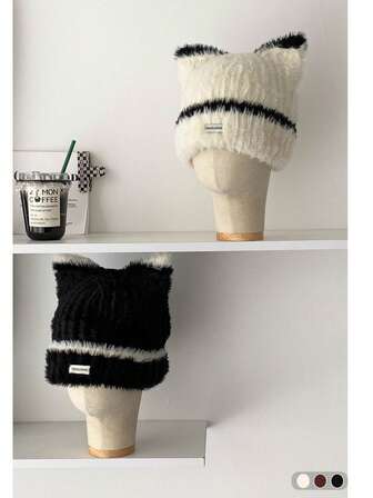 1顶可爱撞色猫耳毛绒针织帽，保暖冬季护耳，时尚毛绒猫耳针织滑雪帽，女士秋冬款