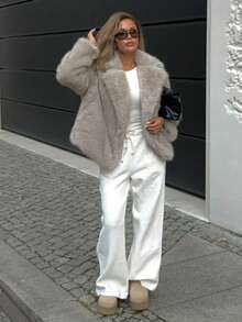 HH 女式冬季优雅纯色仿皮草效果长袖开衫外套女式休闲高街口袋外套