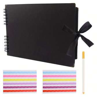 1 set d'album de scrapbooking premium noir 32x21cm - Album de scrapbooking DIY avec 40 feuilles/80 pages, couverture rigide en papier kraft avec reliure spirale en métal. Idéal pour les mariages, anniversaires et souvenirs de famille. Album de style minimaliste. Couverture robuste. Fournitures de scrapbooking