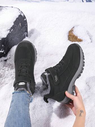 Women's Winter Warm Ankle Boots, Hiking Snow Boots With Zipper Closure, Wool-Lined, PU Leather Upper, TPR Sole, Casual Sport Style, Heels, Solid Color, Suitable For The Elderly And Ladies