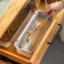 TFKI Plastic Kitchen Drawer Organizer With Lid And Drainer Stackable Utensil Holder For Countertop Silverware Tray Flatware Organizers - 13x4.7x2.4 Inch Spatula Cutlery Storage Box - trong suốt - Xem 4