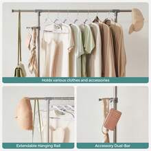 SONGMICS Perchero con Barra para colgar ropa, con Ruedas y Ganchos (Altura Ajustable Entre 97 y 165 cm) Gris - Gris - Ver 3