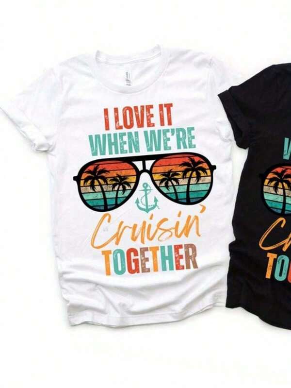 His & Hers Valentine's Day Cruise Shirt - 'I Love It When We're Cruisin' Together' PNG, Casual Cotton Tee With Fashion Glasses And Palm Tree Design, Perfect For Couples, Anniversary & Retro Cruise Gift, Casual Beachwear |   Retro Cruise Shirt |   Smooth Texture Shirt