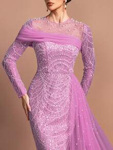 Đầm dạ hội dài tay cổ tròn đính cườm sang trọng dành cho nữ - Cổ áo đính ngọc trai, vạt voan bất đối xứng và chân váy đuôi cá ôm sát | Hoàn hảo cho các bữa tiệc trang trọng, dạ hội và đám cưới | Kết hợp với trang sức bắt mắt và giày cao gót quai mảnh để có vẻ ngoài rạng rỡ cho năm mới. - Bụi hồng - Xem 4