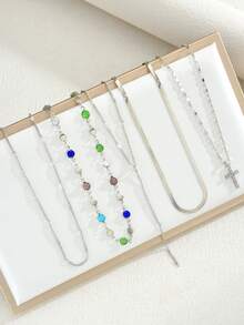 5 件复古金属十字架吊坠 Y 型项链，波西米亚风格彩色水晶吊坠项链套装，适合女性日常、度假、派对、约会、送给朋友的节日礼物 - 銀色 - 查看 4