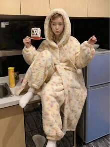 Coral Fleece Hooded Robe Pajama Set For Women, Warm & Cozy For Autumn/Winter - Multicolor - View 8