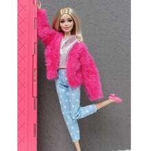 5 pièces Ensemble de vêtements d'hiver pour poupées, veste en peluche, jupe tricotée, pull, pantalon, ensemble de chapeau. Convient pour les poupées de 11,5 pouces. Parfait pour les tenues d'hiver quotidiennes des poupées. Cadeau idéal pour la Journée des enfants/Noël/anniversaire et autres occasions spéciales (poupées non incluses) - Rose bonbon - Voir 8