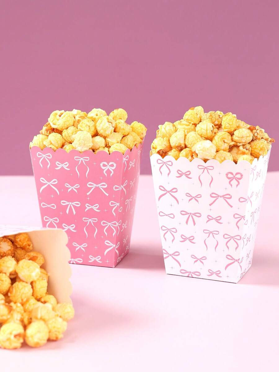 10个粉色蝴蝶结爆米花盒、零食盒、糖果收纳盒（含粉色和白色），一次性食品容器，饼干烘焙盒，爆米花杯，一次性餐具，粉色蝴蝶结生日派对装饰，家庭电影之夜用品，婚礼装饰，婴儿性别揭晓派对用品，粉色蝴蝶结装饰，节日派对装饰，一周岁生日派对装饰，生日和节日礼物