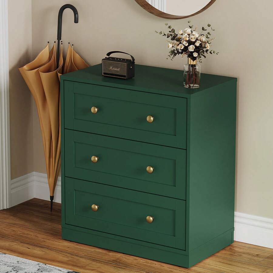 3-Drawer Nightstand, Modern Wooden Bedside Table With Gold Round Knobs, Elegant Accent Chest For Bedroom, Living Room, Hallway, Or Closet - màu xanh lá - Xem 1