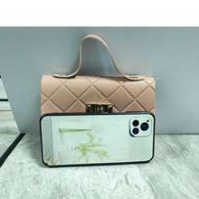 2025 新款女士化妆包压纹菱形图案单肩包，简约经典迷你小包 - 卡其色 - 查看 6