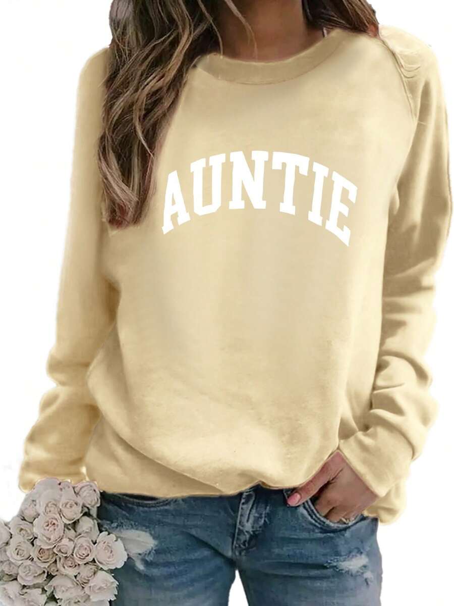 2026 New Year Outfit Women Plus Size 'AUNTIE' Letter Print Sweatshirt - Soft Machine Washable Polyester Fiber Crew Neck Pullover, Autumn Winter Casual Comfortable Fashion Design, Cute Loose Top, Daily Wear, Comfortable Fabric, Casual Style Loose And Comfortable Winter Clothes For Women - 杏色 - 查看 1