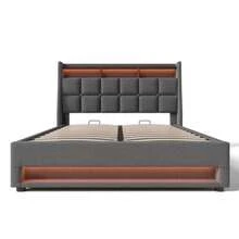 Double Bed With USB 140x200cm, LED Double Bed With Metal Frame, Bed Frame Made Of Linen Material, Teen Bed (Mattresses Not Included) - 灰色 - 查看 12