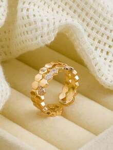 时尚奢华蜂窝状锆石开口戒指和手链套装，适合作为礼物送给女性，日常约会、派对、斋月等场合佩戴。 - 金黃色1 - 查看 5