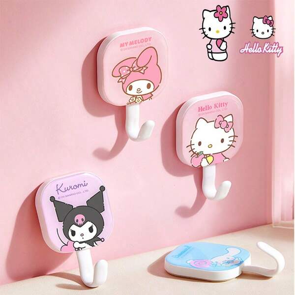 Sanrio 4 ganchos Sanrio sin perforación y sin marcas, con adhesivo fuerte y gran capacidad de carga, impermeables y lindos. Ganchos adhesivos sin perforación ni marcas para detrás de puertas de cocina y dormitorio, adecuados para diferentes tipos de paredes, se pueden colgar en cualquier lugar, aptos para múltiples escenarios para satisfacer diversas necesidades, ayuda a organizar el almacenamiento, di adiós al desorden, asistente de almacenamiento para toda la casa