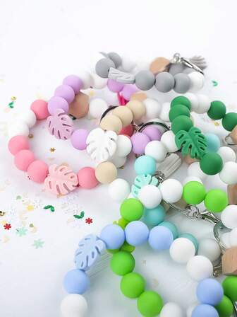 1pc Leaf Silicone Solid Color Silicone Beaded Tassel Charm Bracelet Keychain Bag Pendant Accessory, Women Keychain Anti-Lost, Summer Travel Small Gift For Friends And Family