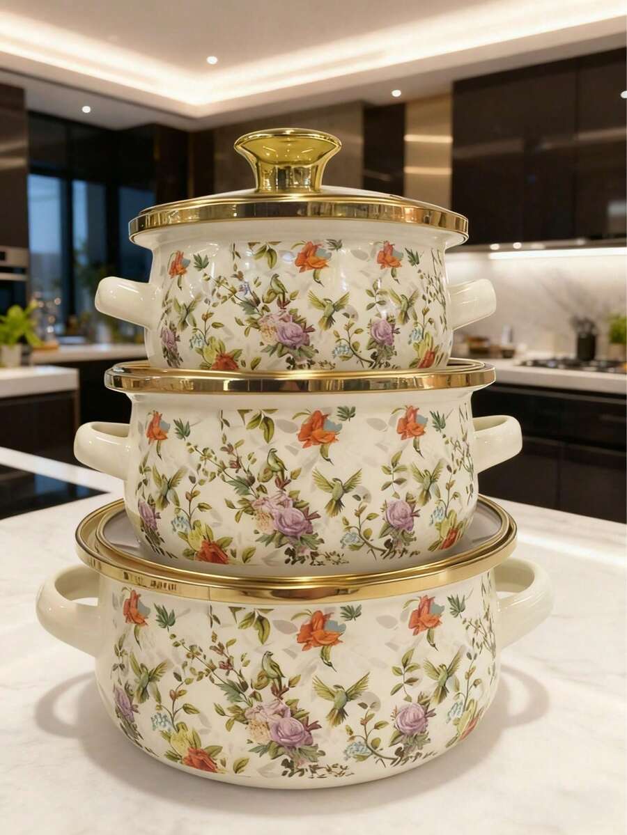 Zestaw naczyń emaliowanych 2025 | Powłoka ceramiczna bez PFAS, nadaje się do kuchenek gazowych/indukcyjnych | Zaokrąglone krawędzie, nadaje się do grillowania na świeżym powietrzu/użytku domowego | Zestaw 3-częściowy (garnek do zupy/garnek termiczny/garnek na jedzenie dla niemowląt) | Styl retro, łatwy do czyszczenia