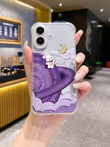 1 Stück weißer Hase & Mond Muster stoßfeste TPU Handyhülle, süßes Hasen Design, geeignet für iPhone, OPPO, usw.