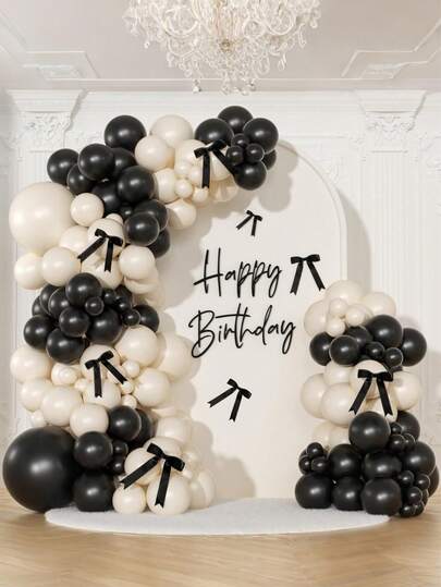 45/85 Black And Sand White Balloon Arch Ceremonial Birthday Decorations, Including Balloons And Black Bows, Used For Weddings, Baby Showers, Birthday Decorations