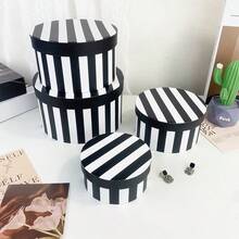Black & White Striped Round Gift Box Set, Lidded Paper Storage Box, Suitable For Gifts And Home Organization - Black and White Stripes - View 7