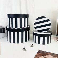 Black & White Striped Round Gift Box Set, Lidded Paper Storage Box, Suitable For Gifts And Home Organization - Black and White Stripes - View 5