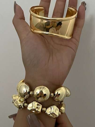 3 peças/Conjunto Bracelete Largo Geométrico de Textura Líquida, Formato Assimétrico com Contas, Emenda CCB Metal Fosco, Design Minimalista Exagerado, Elegante e Vintage, Adequado para Férias, Festa, Encontro, Presente, Uso Diário