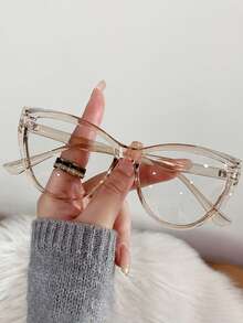 1 Pair Of Cat Eye Retro Tea Brown Flat Light Glasses, New Style To Show A Small Face, Retro Fashion Makeup Artifact, Comfortable And Not Overwhelming The Face, Daily Commuting 100, Take Photos For Outings And Outings To Show A Small Face, With A Retro Modern Feel - 無色 - 查看 8