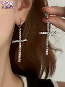 Brincos de Cruz Cheios de Diamantes Exagerados Y2K, Um Par de Brincos de Cruz, Brincos Sexy de Menina Y2K, Acessórios de Festa, Presentes de Festa.