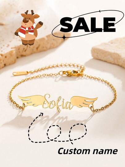 1pc Customizable Angel Wings Personalized Name Bracelet, Stainless Steel Material, Creative Bracelet, Personalized Gift, Boyfriend Gift, Bracelet, Customized Gift, Friendship Bracelet, Name Necklace, Personalized Bracelet, Women's Gift, Birthday Gift, Anniversary Gift, Christmas Gift, Halloween Gift, Couple Bracelet, Daily Wear And Gift, Suitable As A Heartfelt Gift For Family And Friends