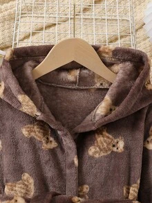 Girls Cartoon Bear Pattern Hooded Warm Fleece Long Casual Comfortable Sleepwear Robe, Winter - Brown - View 4