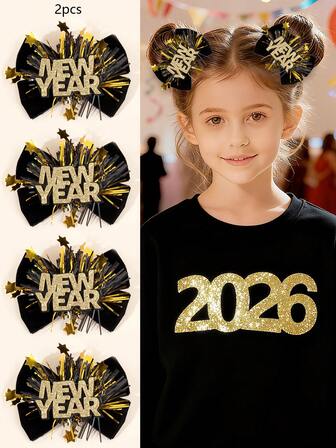 2pcs Happy New Year 2026 Balck And Gold Glitter Bow Hair Clips,Star & New Year Accessories Hair Bows,Novelty Hair Barrettes For Girls Teens Kids Festival Party Favors