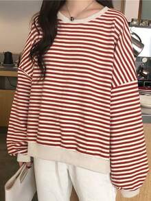 Primavera/otoño: cómodo jersey de manga larga con cuello redondo y hombros descubiertos para mujer, con rayas en contraste, muy a la moda - Rojo - Ver 1