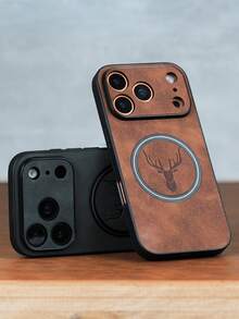 Luxury Retro Deer Head Pattern Faux Leather Phone Case, Compatible With 17/16/15/14/13/12/11 Pro Max Plus, Supports Magnetic Wireless Charging, Suitable For 17 Pro Max, Rounded Corners, Shock-Absorbing Protective Cover Gift - Black - View 3