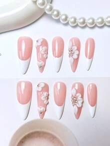 nailrosy 10Pcs Acrylic Handmade Press On Nails KitLong  Almond White Pink French Elegant Fake Nail Tips For Women Daily Reusable Wedding Birthday Party Chic Old Money Y2k Gel 3D Floral - trắng - Xem 13