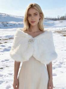 白色仿毛皮水钻纽扣披肩，优雅保暖，适合冬季新娘礼服/连衣裙，冰雪场景奢华之选，日常保暖穿着，夏季、海滩、婚礼等场合皆宜。 - 白色 - 查看 3