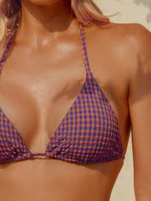 wohenmeili Plaid Print Halter Twist Front Bikini Set - Blue-brown Checkered - View 4