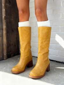 Knee High Boots Square Toe Chunky Block Heel Long Boots For Women Comfortable Low Heel Womens Boots - Màu vàng - Xem 4